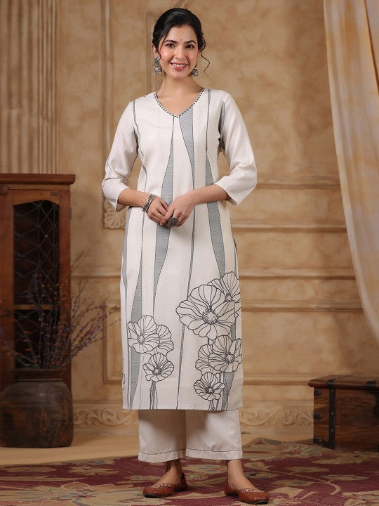 Varanga Women Floral Printed Regular Thread Work Pure Cotton Kurta with Trousers & With Dupatta