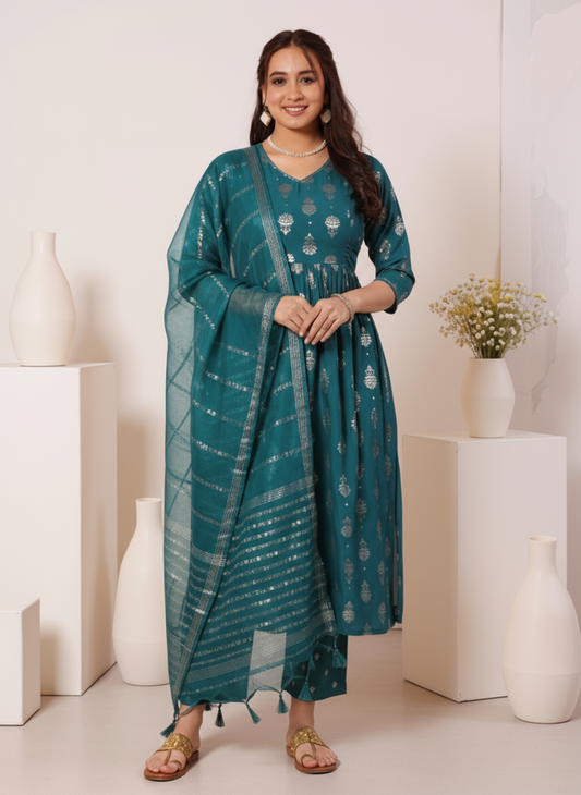 Embroidered Roman silk Gold foil Flared Teal Kurta