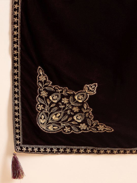 House of Pataudi Floral Embroidered Velvet Straight Kurta