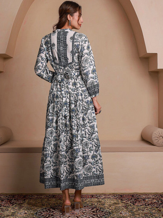 GULAB CHAND TRENDS Floral Printed Mandarin Collar Cotton A-Line Ethnic Dresses