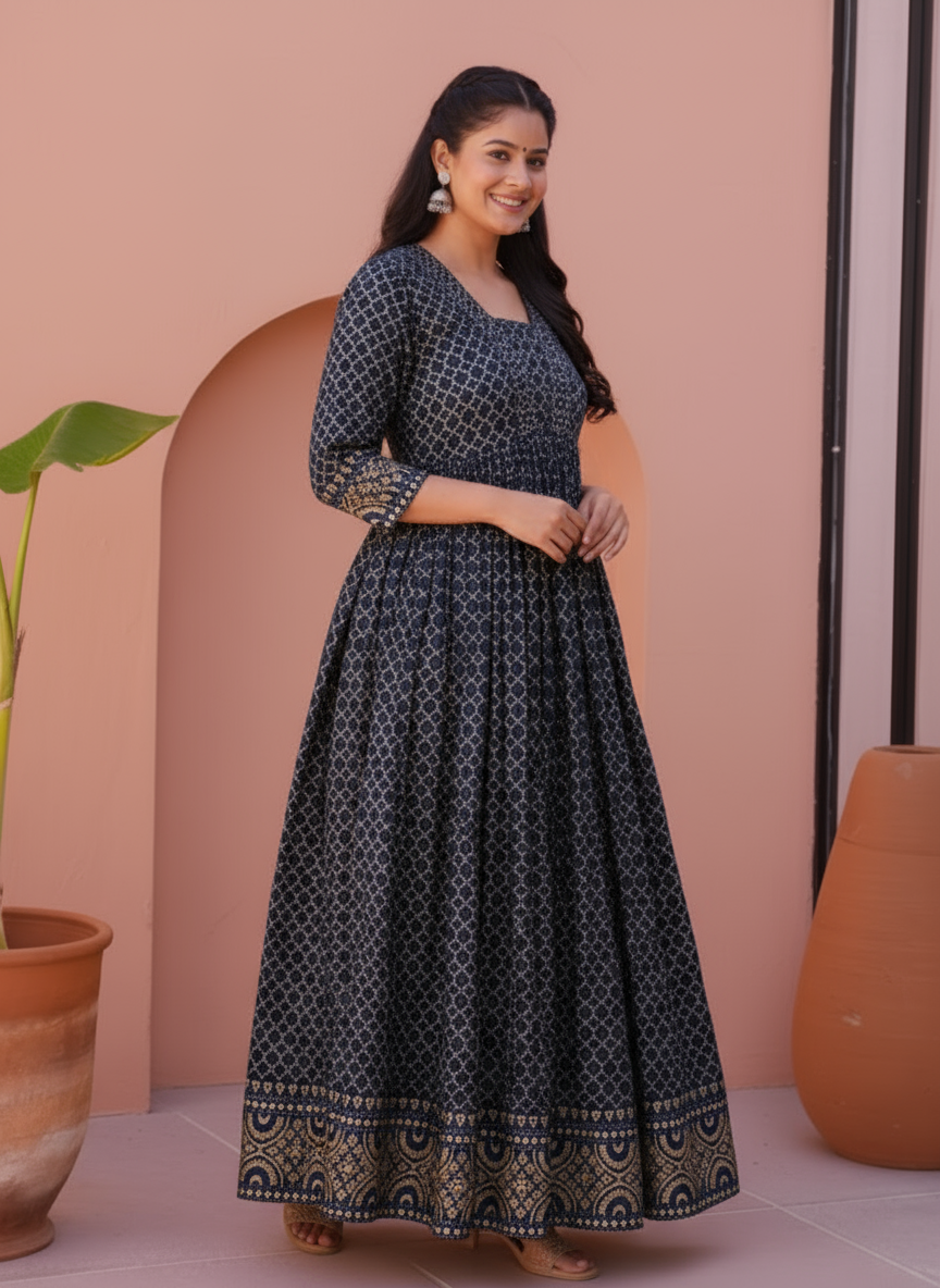 Viscose Gold foil Anarkali Blue Dress