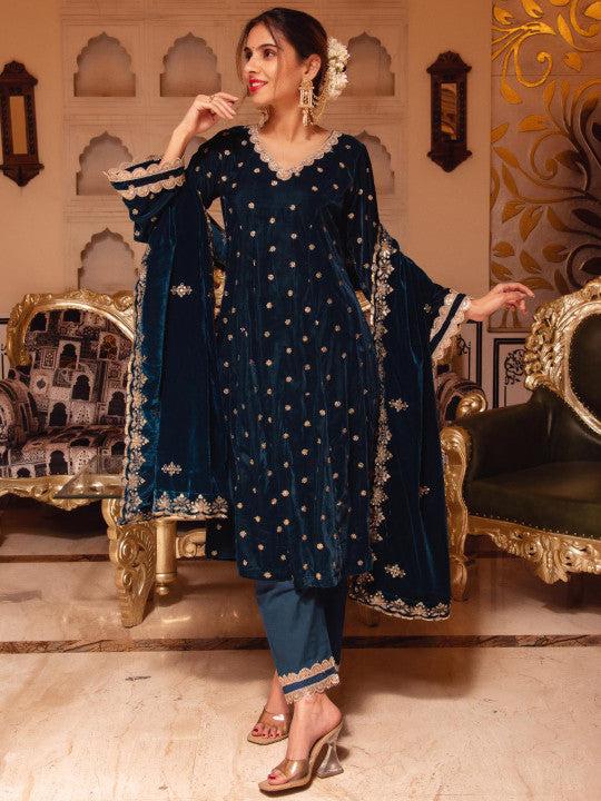 Calmna V-Neck Ethnic Motifs Sequinned Velvet A-Line Kurta with Trousers & Dupatta