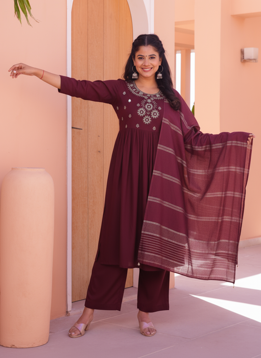 Embroidered Viscose Solid Flared Wine Kurta