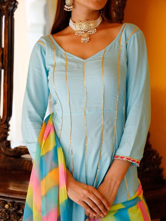 Thread & Button Women Striped Pure Cotton Kurta with Trouser & With Dupatta
