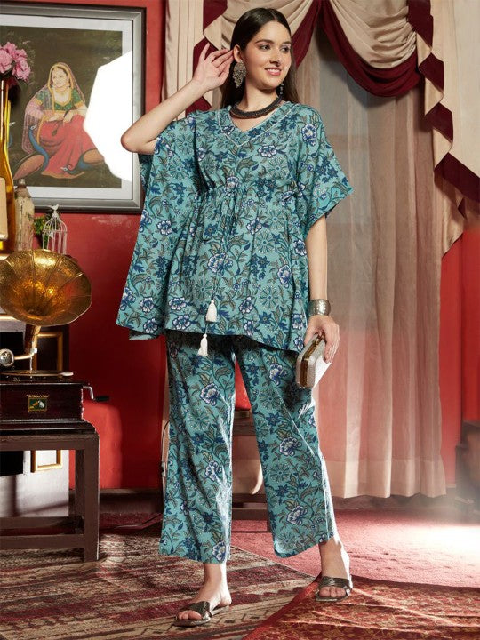 Printed Ethnic Pure Cotton Kaftan Top with Trousers