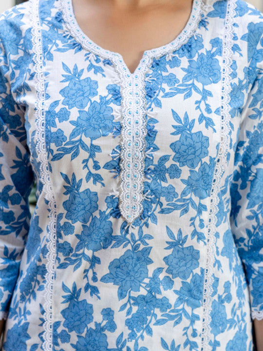 Indo Era Women Floral Printed Panelled Beads and Stones Pure Cotton Kurta with Trousers & With Dupatta
