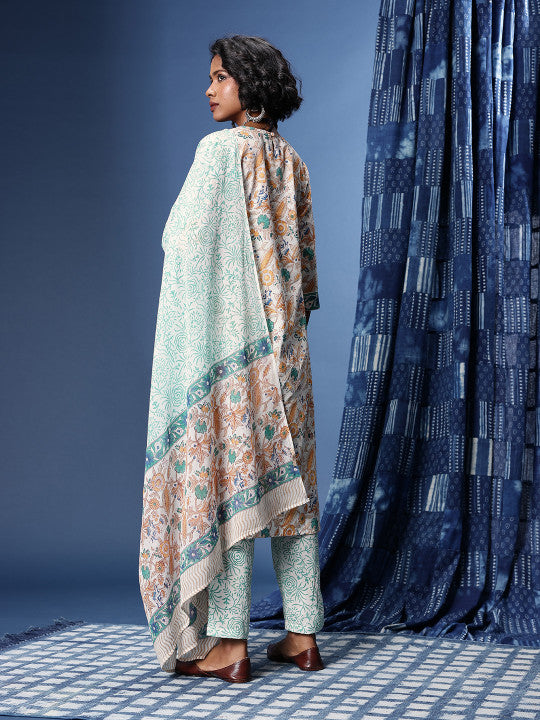 Taavi Bagru Floral Printed Pure Cotton Kurta with Trousers & Dupatta