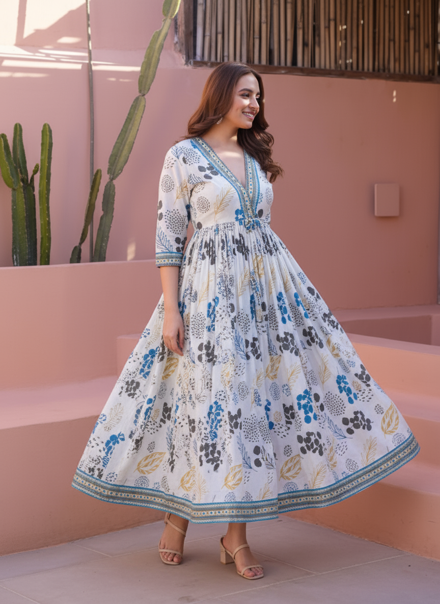 Soft Cotton Geometric Anarkali Multicolor Dress