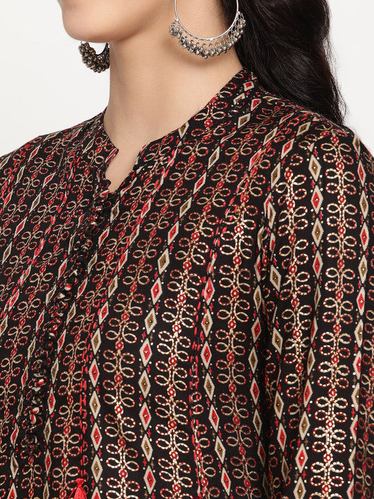 Be Indi Rayon Ethnic Motifs Printed Mandarin Collar Maxi Dress