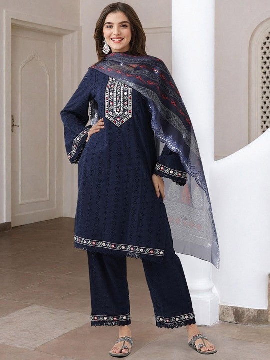 Ishin Floral Embroidered Pure Cotton Straight Kurta With Trouser & Dupatta