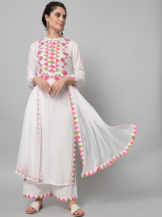 Tulsattva Women White Floral Printed Kurta with Palazzos & With Dupatta