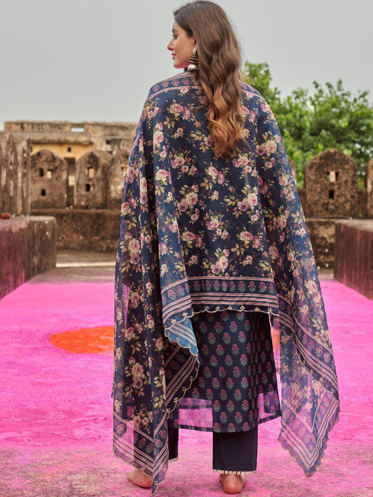 Floral Printed V-Neck Gotta Patti Straight Kurta With Trouser & Dupatta