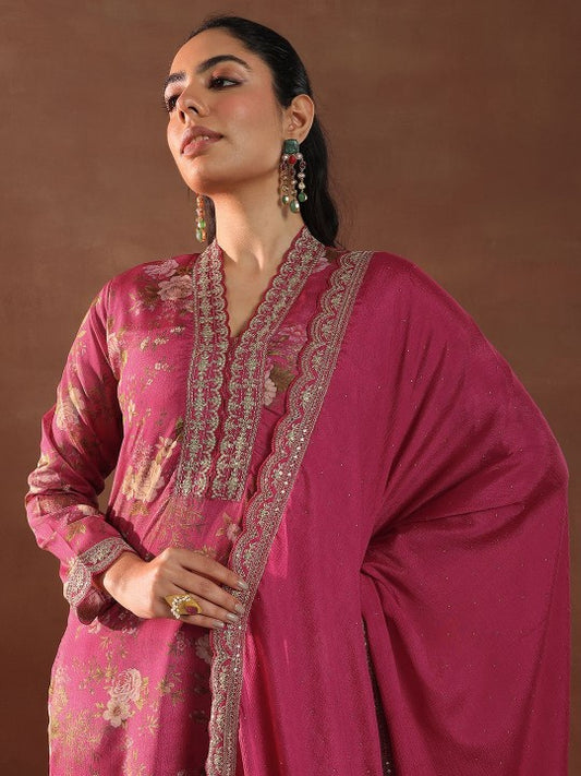 Floral Printed V-Neck Thread Work Kurta