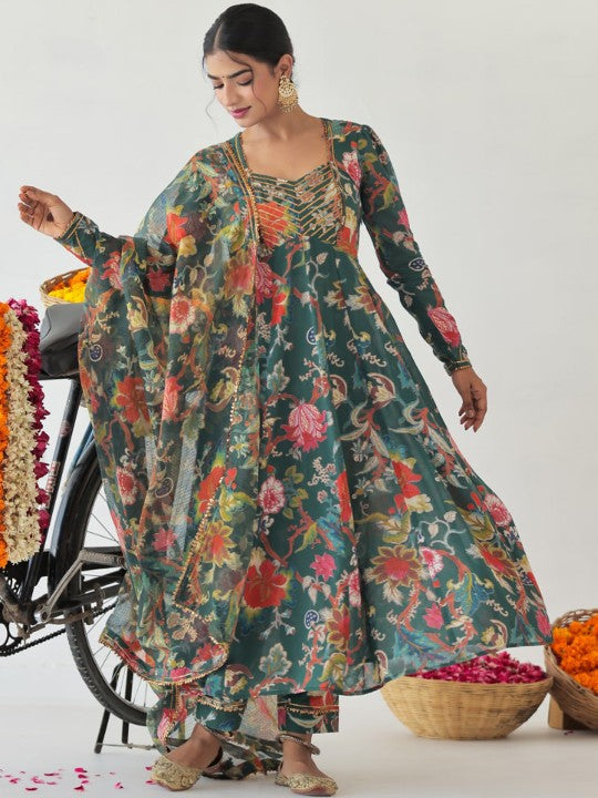 Neck Long Sleeves Floral Printed Cotton Kurta with Trouser & Dupatta