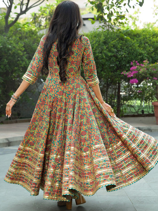 Indian Virasat Floral Printed Pure Cotton Fit & Flared Maxi Ethnic Dress