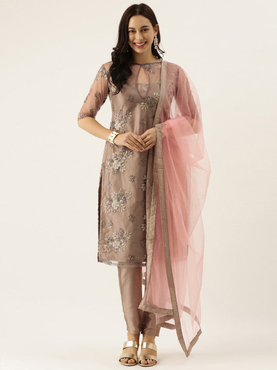 Ethnovog Women Brown  Pink Embroidered Kurta with Trousers  Dupatta