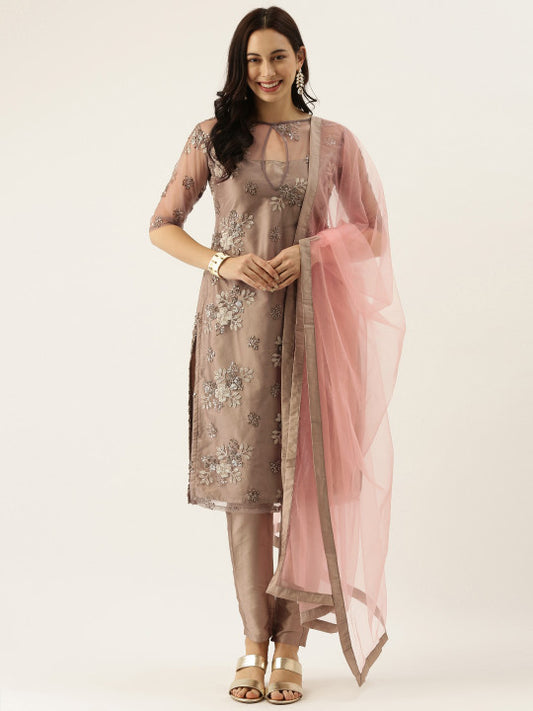 Ethnovog Women Brown  Pink Embroidered Kurta with Trousers  Dupatta