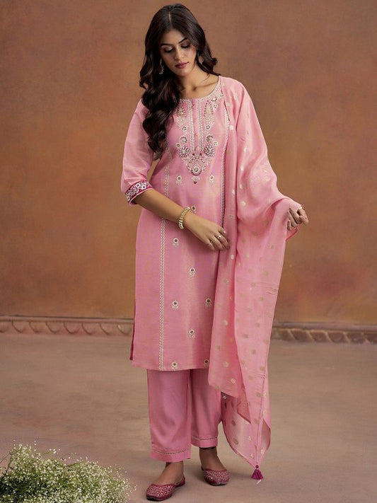 Jaipur Kurti Floral Embroidered Thread Work Straight Kurta With Trousers & Dupatta