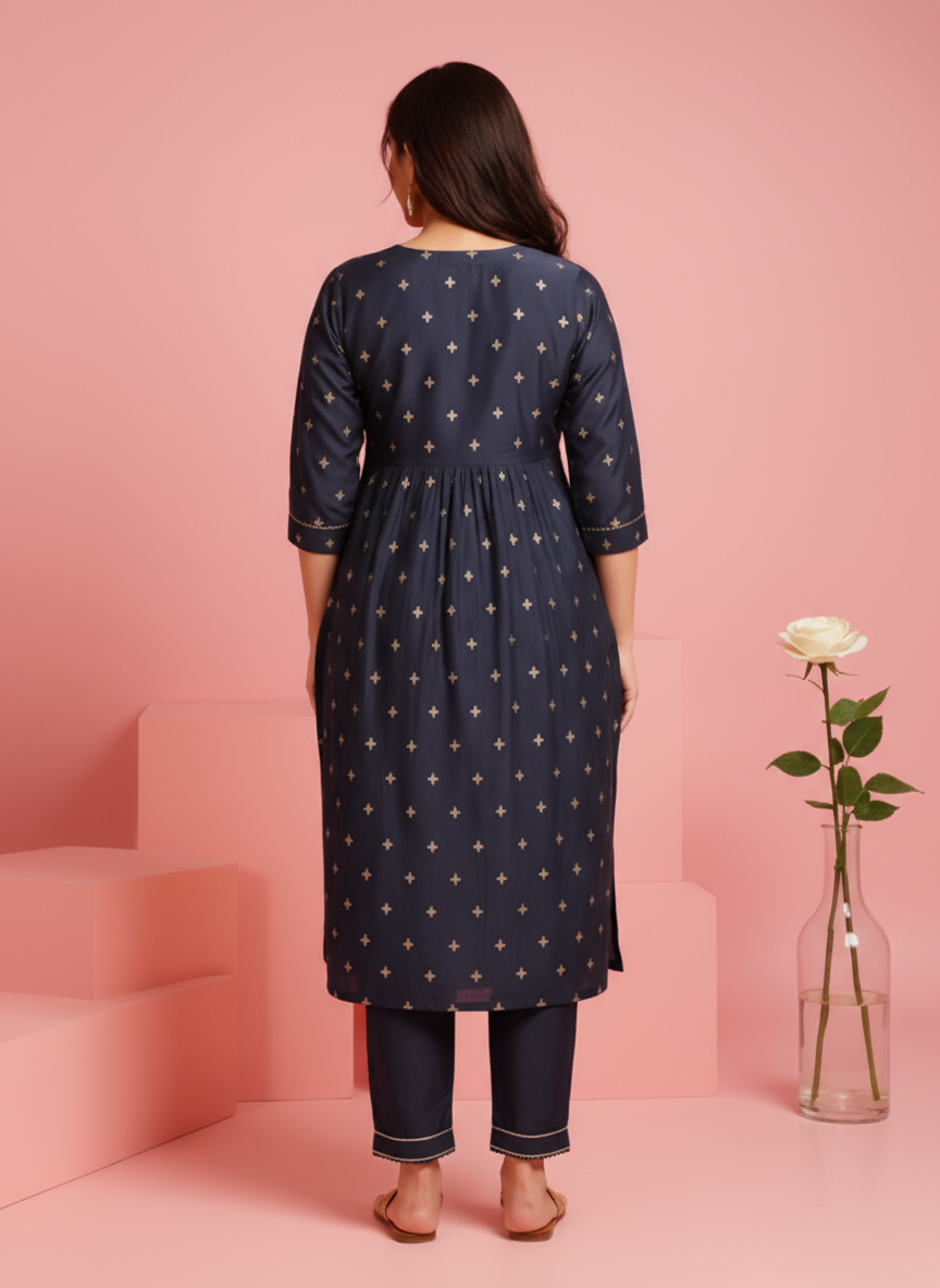 Embroidered Silk Blend Gold foil Flared Blue Kurta