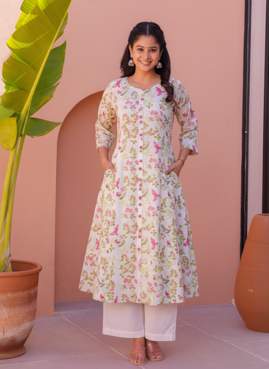 Soft Cotton Floral Flared Off White Kurta