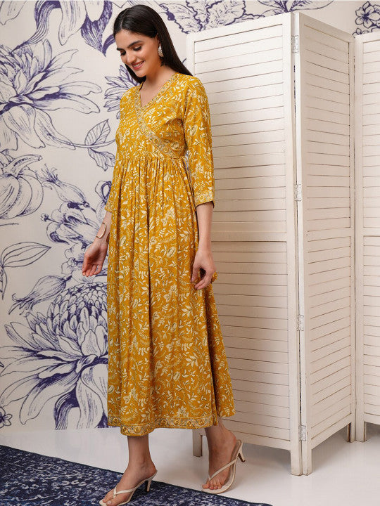 Vishudh Floral Printed Flared Sleeves A-Line Midi Dress