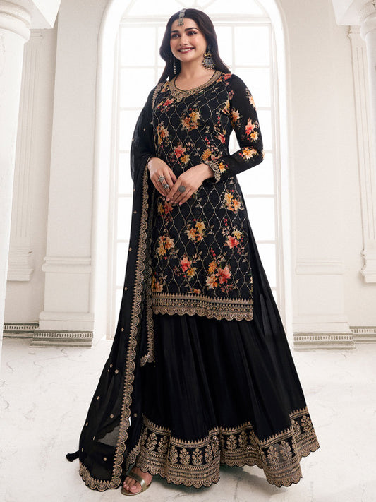 Neck Long Sleeves Ethnic Printed Silk Chiffon Kurti with Sharara & Dupatta