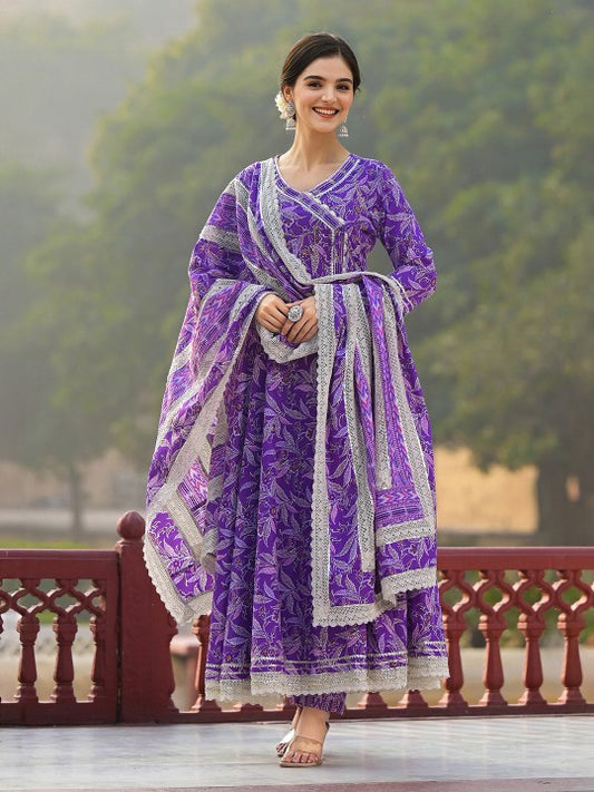 Ishin Floral Printed Angrakha Thread Work Pure Cotton Kurta with Trousers & Dupatta