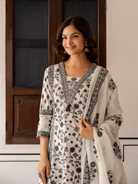 Anouk Women Floral Printed Sequinned Pure Cotton Kurta with Palazzos & Dupatta Kurta Sets