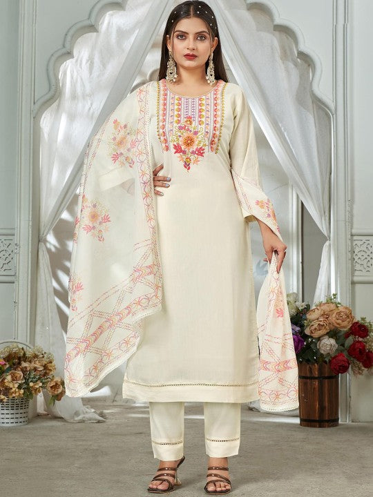 FASHION STROM Floral Yoke Design Thread Work Straight Kurta With Trousers & Dupatta
