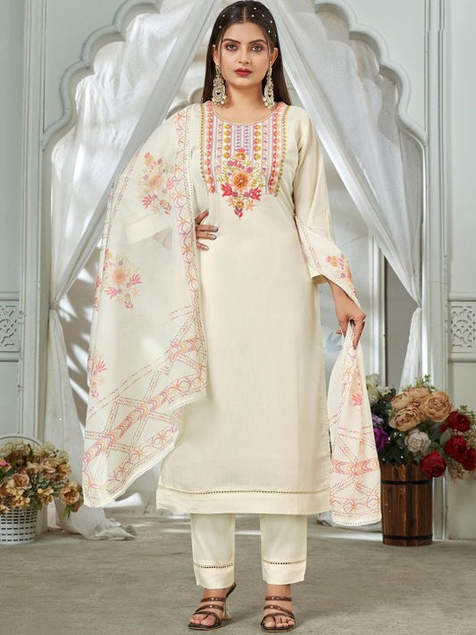 FASHION STROM Floral Yoke Design Thread Work Straight Kurta With Trousers & Dupatta