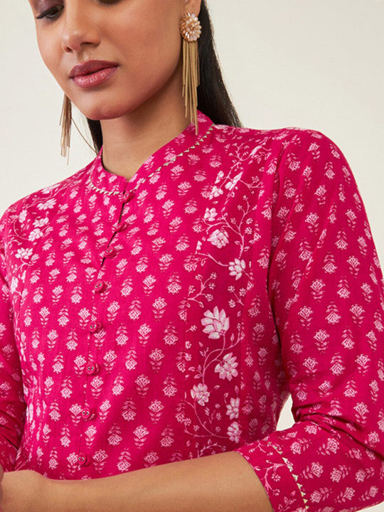 Mandarin Collar Floral Printed Cotton Fit & Flare Midi Ethnic Dress