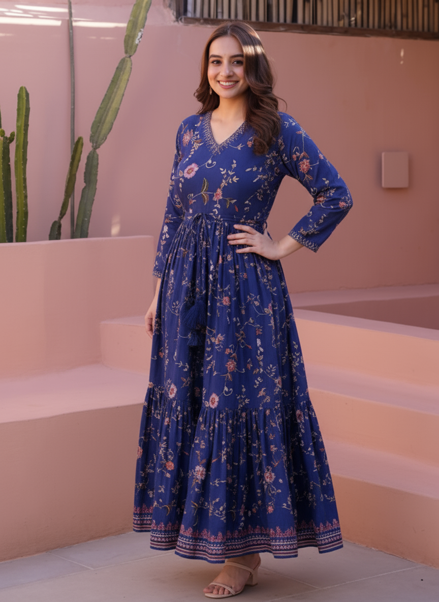 Soft Cotton Foliage Anarkali Black Dress