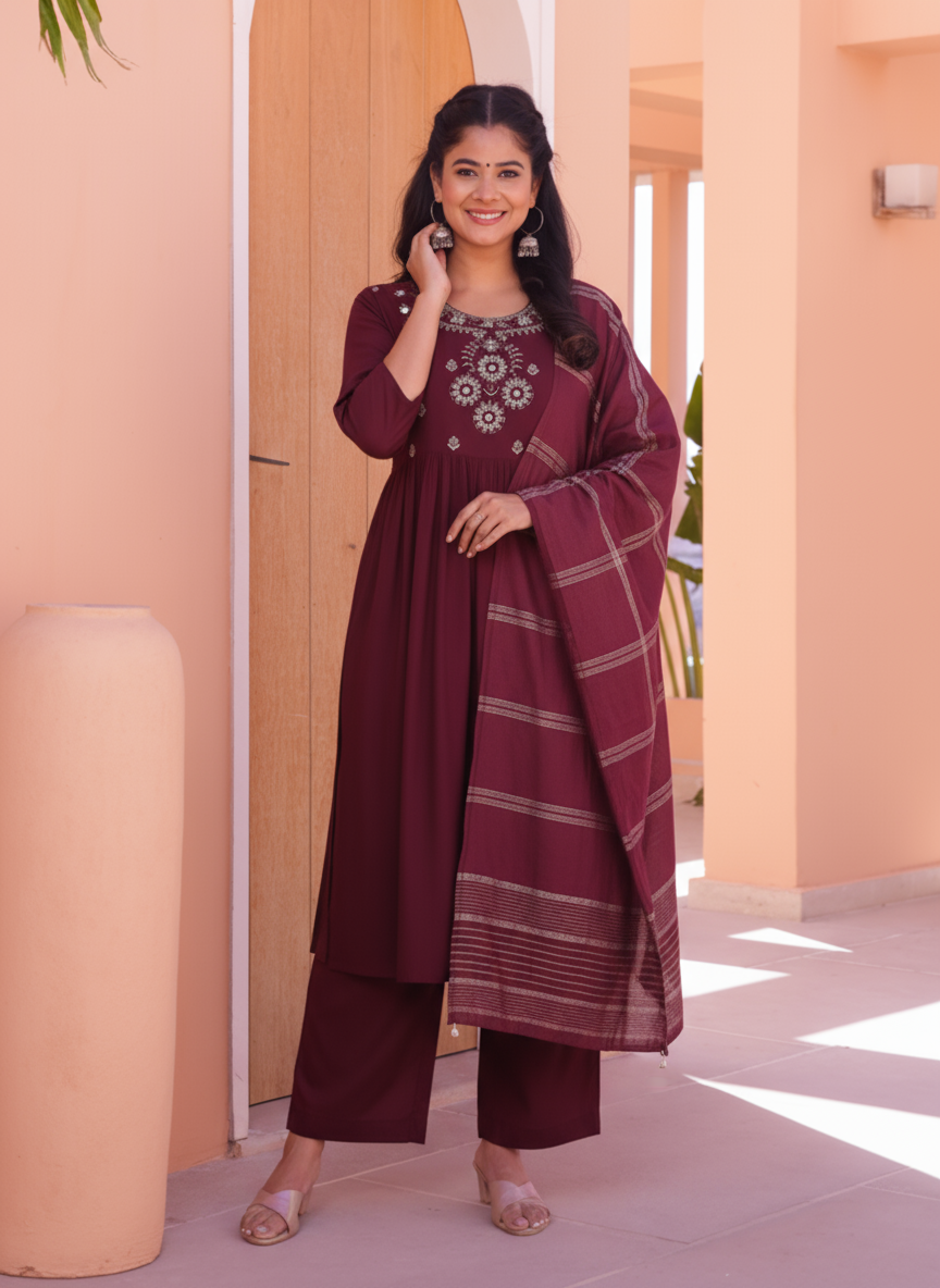 Embroidered Viscose Solid Flared Wine Kurta