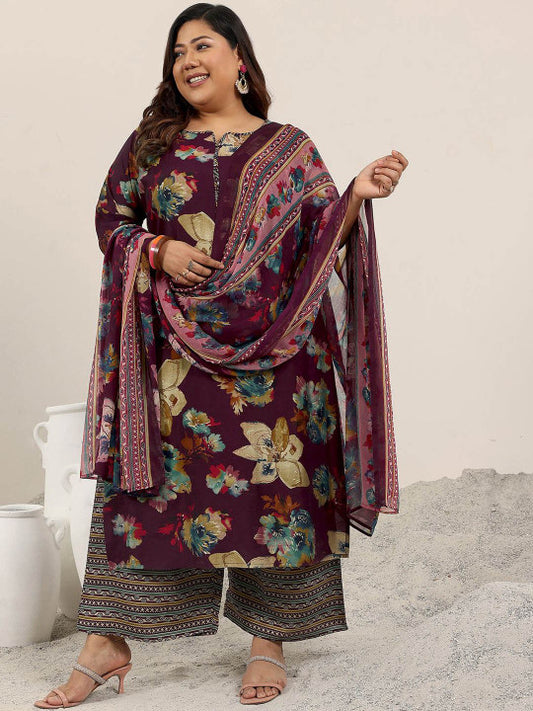 EXTRA LOVE BY LIBAS Plus Size Floral Printed Straight Kurta With Palazzo & Dupatta