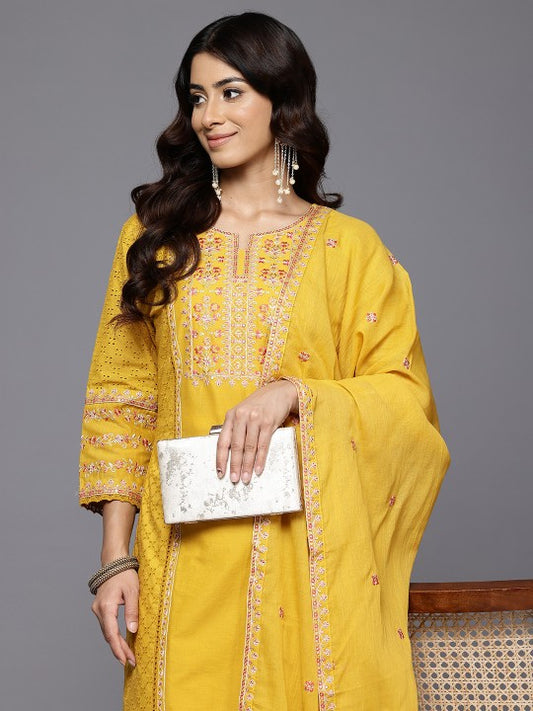Varanga Floral Embroidered Panelled Thread Work Pure Cotton Kurta With Trousers & Dupatta