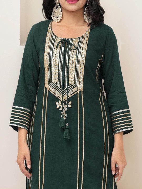 Ishin Striped Embroidered Gotta Patti Pure Cotton Straight Kurta With Trousers & Dupatta
