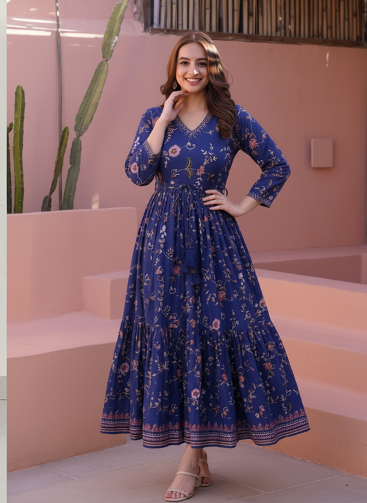 Soft Cotton Foliage Anarkali Black Dress