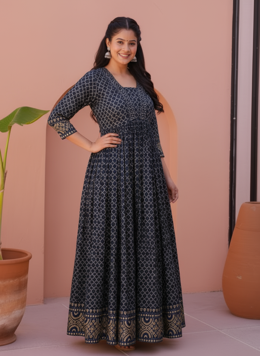 Viscose Gold foil Anarkali Blue Dress