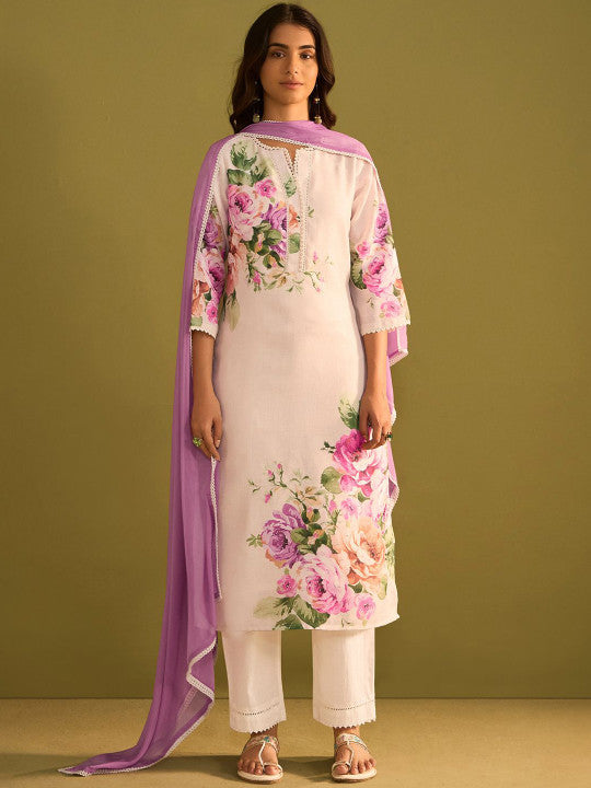 Indo Era Floral Printed V-Neck Linen Straight Kurta With Trousers & Dupatta
