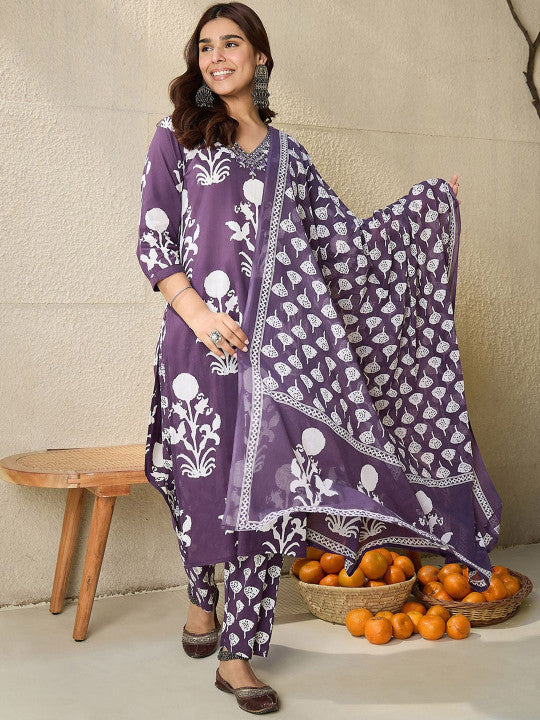 Indo Era Floral Printed V-Neck Pure Cotton Straight Kurta With Trousers And Dupatta