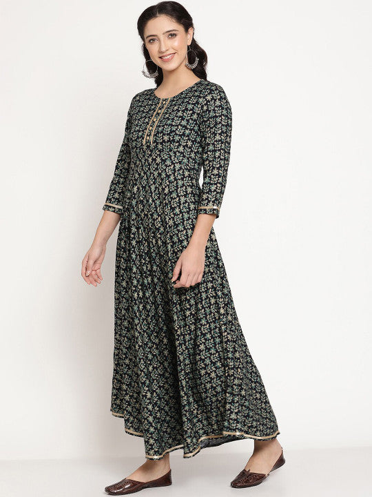 Be Indi Rayon Floral Printed Round Neck Gotta Patti Detailing Maxi Dress
