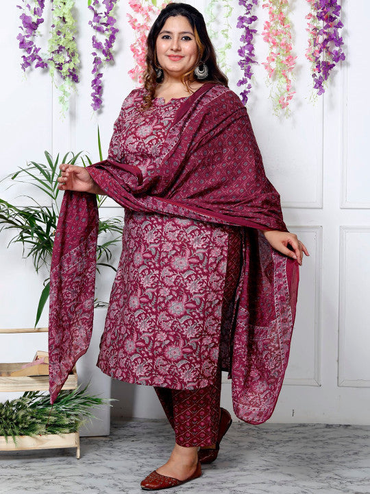 Swasti Plus Size Floral Printed Sequinned Pure Cotton Kurta With Trouser & Dupatta
