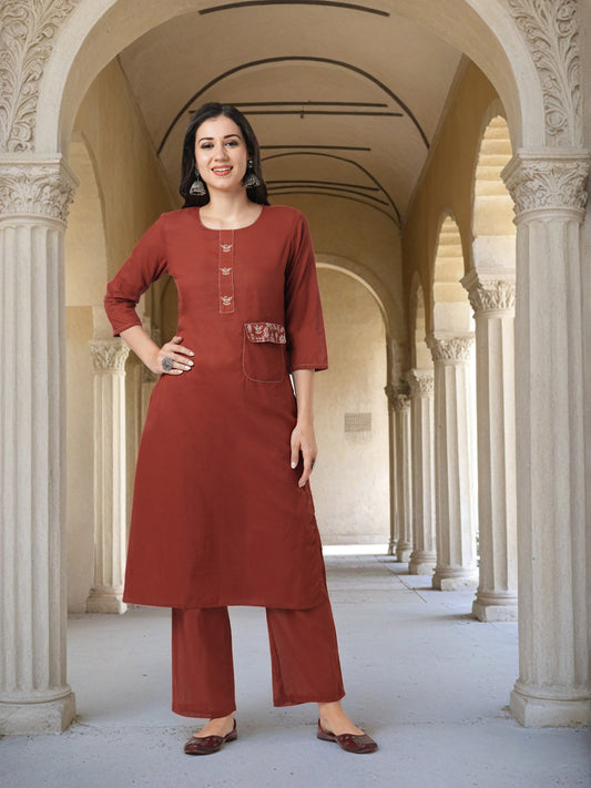 Solid Figurative Thread Embroidered Straight Fit Co-Ord (Set of 2)