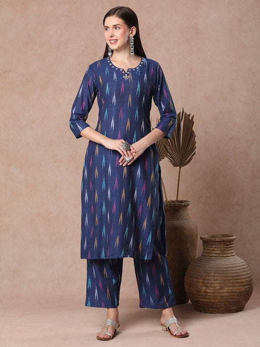 Blue Ethnic Ikat Woven Straight Fit Co-Ord (Set of 2)