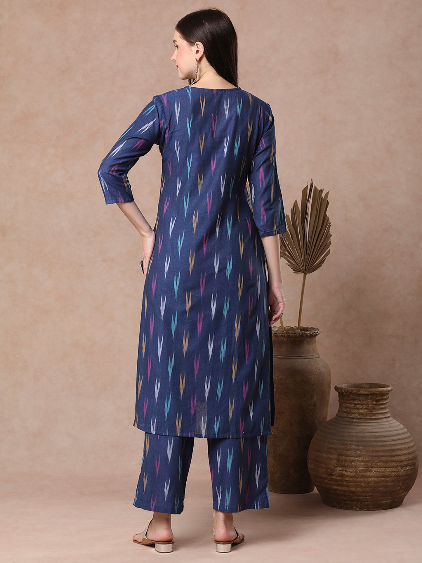 Blue Ethnic Ikat Woven Straight Fit Co-Ord (Set of 2)