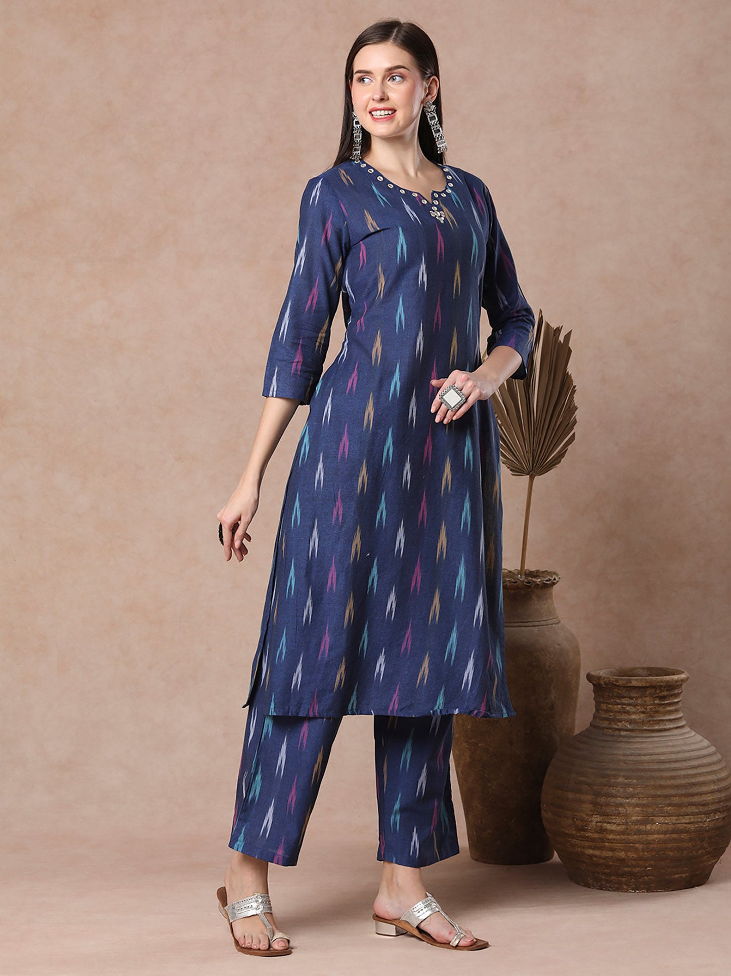 Blue Ethnic Ikat Woven Straight Fit Co-Ord (Set of 2)