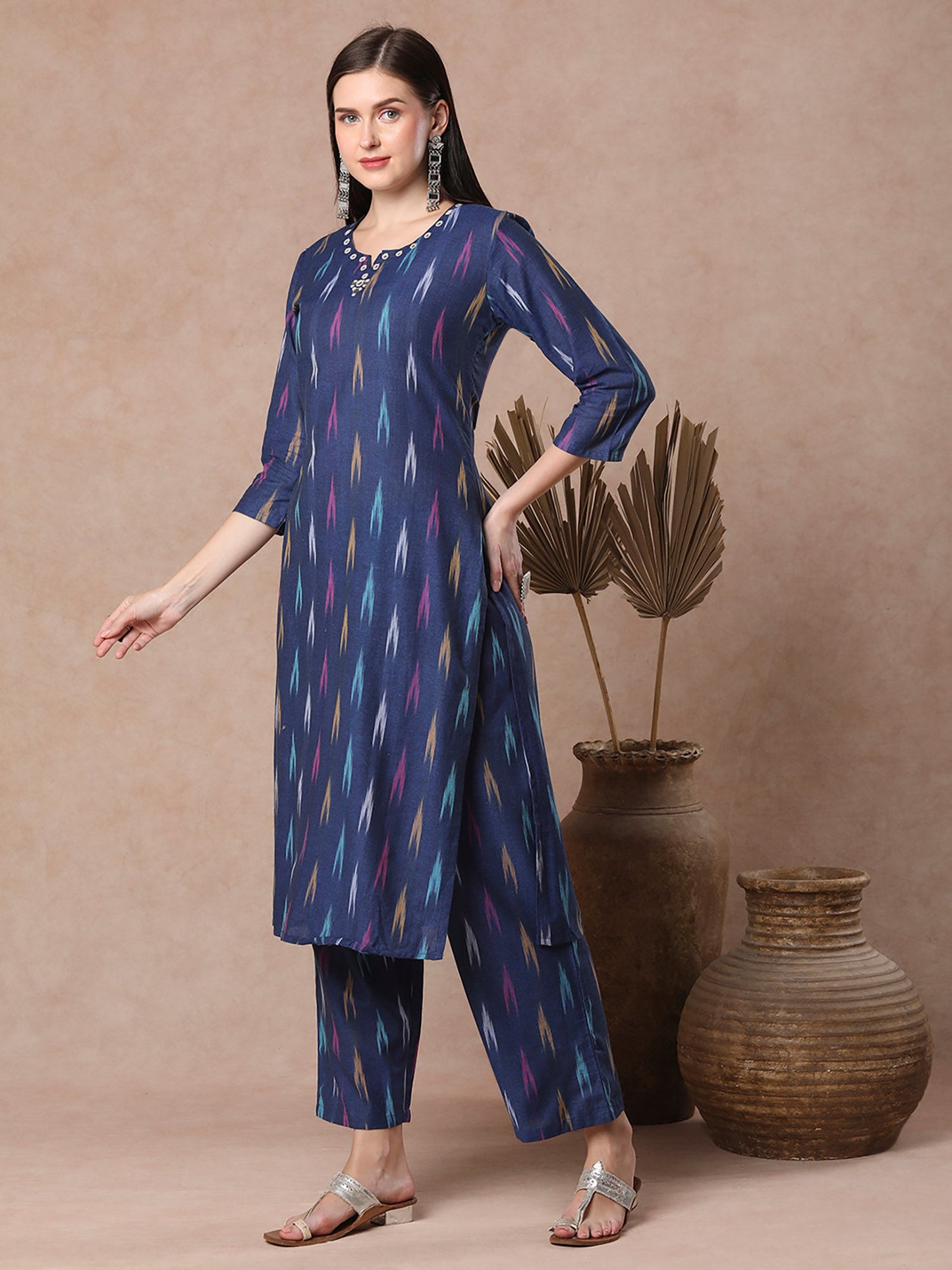 Blue Ethnic Ikat Woven Straight Fit Co-Ord (Set of 2)