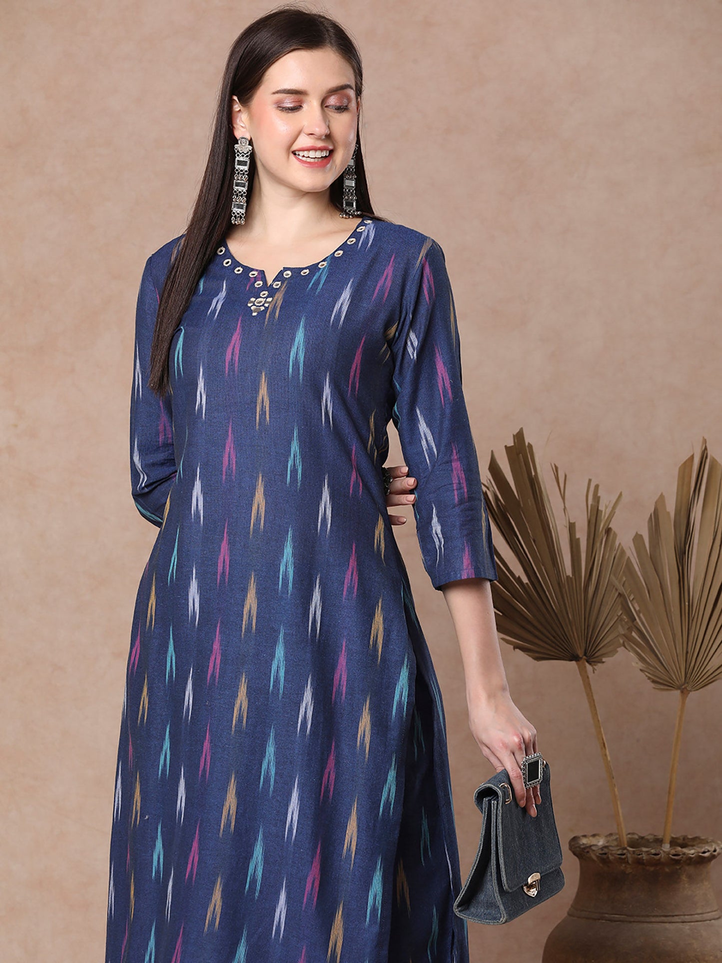 Blue Ethnic Ikat Woven Straight Fit Co-Ord (Set of 2)