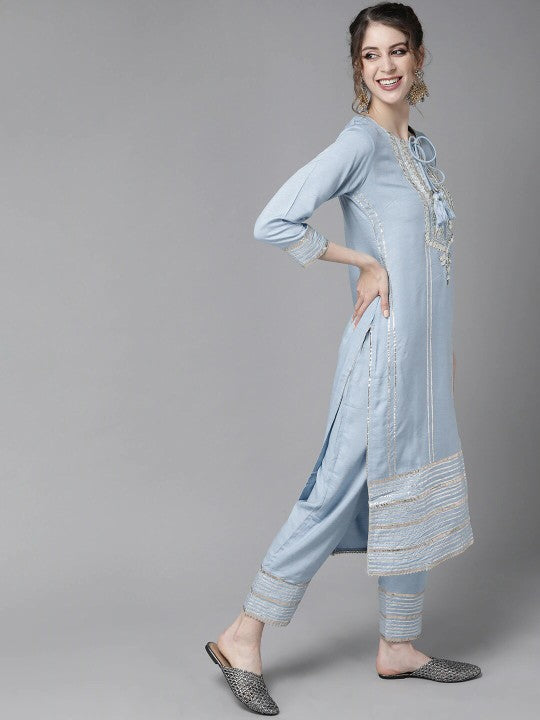 Ishin Women Blue Pleated Gotta Patti Pure Cotton Kurta with Trousers & Dupatta