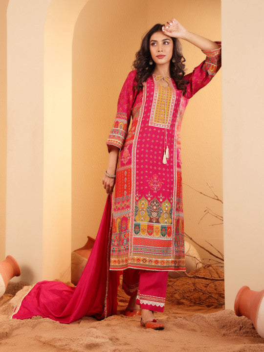 Varanga Ethnic Motifs Printed Sequinned Chanderi Silk Kurta with Trousers And Dupatta